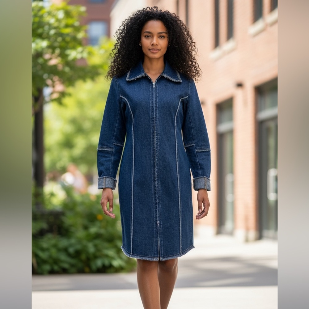 Axara New York Denim Denim Dress Frayed Edges Women’s Medium Full Zip Front